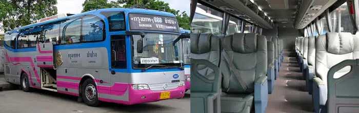 Vista esterna e interna di un lussuoso autobus VIP in Thailandia, con posti a sedere 2+1 per fila per uno spazio passeggeri migliorato.
